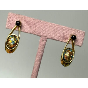 Vintage Rainbow Flake Turquoise Gold Tone Drop Earrings Cat's Eye Studs Signed